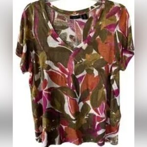 Tahari Multicolor Leaf Print V-Neck Blouse